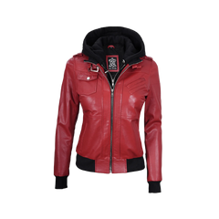Women's Red Leather Jacket with Removable Hood