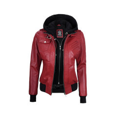 Women's Red Leather Jacket with Removable Hood
