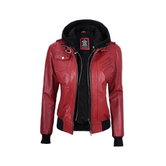 Women's Red Leather Jacket with Removable Hood