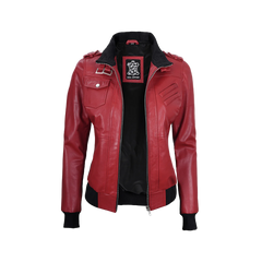 Women's Red Leather Jacket with Removable Hood