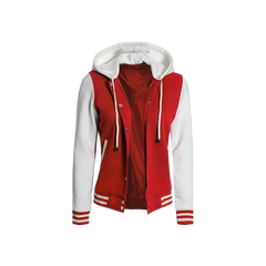 Women's Letterman Red and White Varsity Jacket With Hood