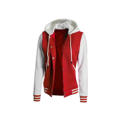 Women's Letterman Red and White Varsity Jacket With Hood