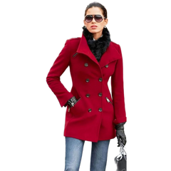 Women's Regular Fit Red Double Breasted Wool Peacoat