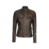 Women's Rub Off Dark Brown Quilted Leather Cafe Racer Jacket with Strap Collar