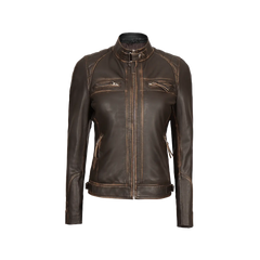 Women's Rub Off Dark Brown Quilted Leather Cafe Racer Jacket with Strap Collar