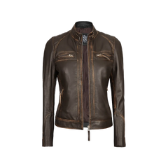 Women's Rub Off Dark Brown Quilted Leather Cafe Racer Jacket with Strap Collar