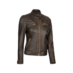 Women's Rub Off Dark Brown Quilted Leather Cafe Racer Jacket with Strap Collar