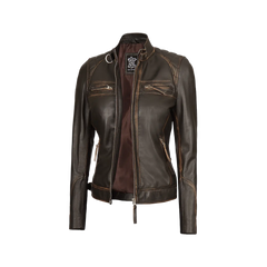 Women's Rub Off Dark Brown Quilted Leather Cafe Racer Jacket with Strap Collar