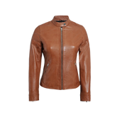 Women's Tan Brown Cafe Racer Leather Biker Jacket