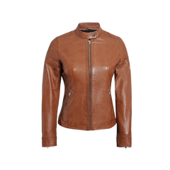Women's Tan Brown Cafe Racer Leather Biker Jacket