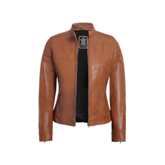 Women's Tan Brown Cafe Racer Leather Biker Jacket