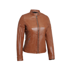 Women's Tan Brown Cafe Racer Leather Biker Jacket