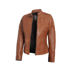 Women's Tan Brown Cafe Racer Leather Biker Jacket