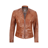 Women's Tan Brown Lambskin Leather Cafe Racer Jacket