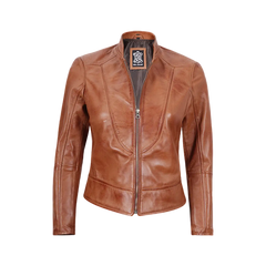 Women's Tan Brown Lambskin Leather Cafe Racer Jacket