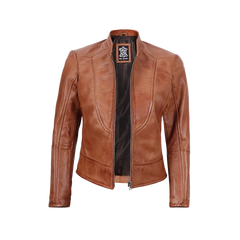 Women's Tan Brown Lambskin Leather Cafe Racer Jacket