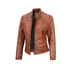 Women's Tan Brown Lambskin Leather Cafe Racer Jacket