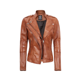 Women's Tan Brown Leather Motorcycle Jacket