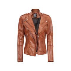 Women's Tan Brown Leather Motorcycle Jacket