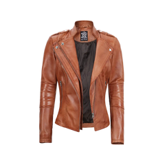 Women's Tan Brown Leather Motorcycle Jacket