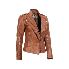 Women's Tan Brown Leather Motorcycle Jacket