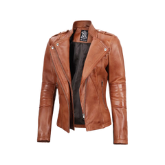 Women's Tan Brown Leather Motorcycle Jacket