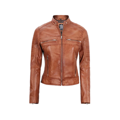 Women's Tan Brown Cafe Racer Leather Jacket