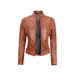 Women's Tan Brown Cafe Racer Leather Jacket