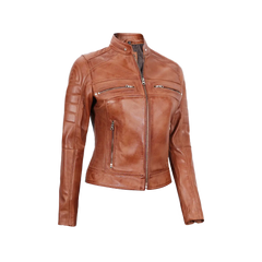 Women's Tan Brown Cafe Racer Leather Jacket