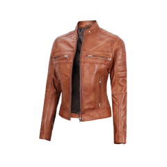 Women's Tan Brown Cafe Racer Leather Jacket
