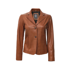 Women's Two Button Tan Leather Blazer Jacket