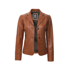 Women's Two Button Tan Leather Blazer Jacket