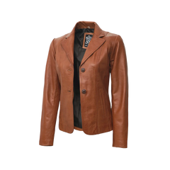 Women's Two Button Tan Leather Blazer Jacket