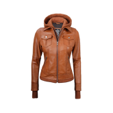 Women's Tan Wax Bomber Real Leather Jacket with Detachable Hood