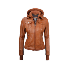 Women's Tan Wax Bomber Real Leather Jacket with Detachable Hood
