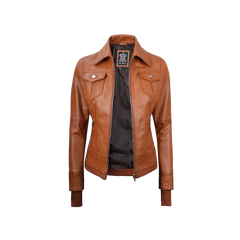 Women's Tan Wax Bomber Real Leather Jacket with Detachable Hood