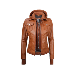 Women's Tan Wax Bomber Real Leather Jacket with Detachable Hood