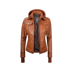 Women's Tan Wax Bomber Real Leather Jacket with Detachable Hood