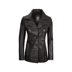 Women's Three-Button Dark Brown Rub Off Leather Blazer