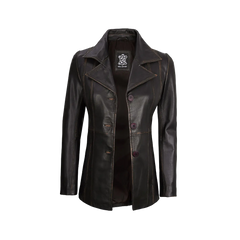 Women's Three-Button Dark Brown Rub Off Leather Blazer