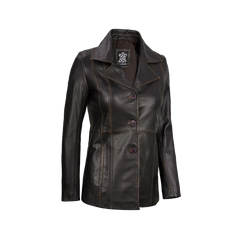 Women's Three-Button Dark Brown Rub Off Leather Blazer