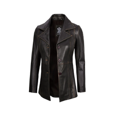 Women's Three-Button Dark Brown Rub Off Leather Blazer