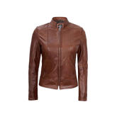 Women's Vintage Cafe Racer Cognac Brown Leather Jacket