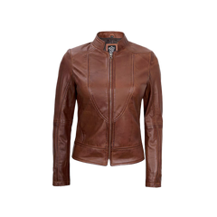 Women's Vintage Cafe Racer Cognac Brown Leather Jacket