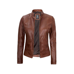 Women's Vintage Cafe Racer Cognac Brown Leather Jacket