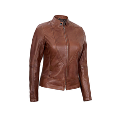 Women's Vintage Cafe Racer Cognac Brown Leather Jacket