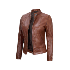 Women's Vintage Cafe Racer Cognac Brown Leather Jacket