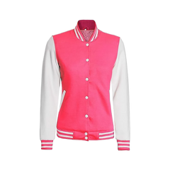 Women's White and Pink Varsity Jacket - Baseball Bomber Style
