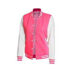 Women's White and Pink Varsity Jacket - Baseball Bomber Style