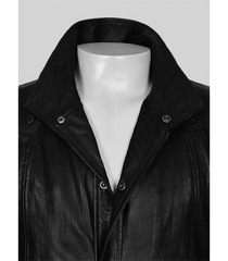 Black leather jacket on a mannequin against a gray background
